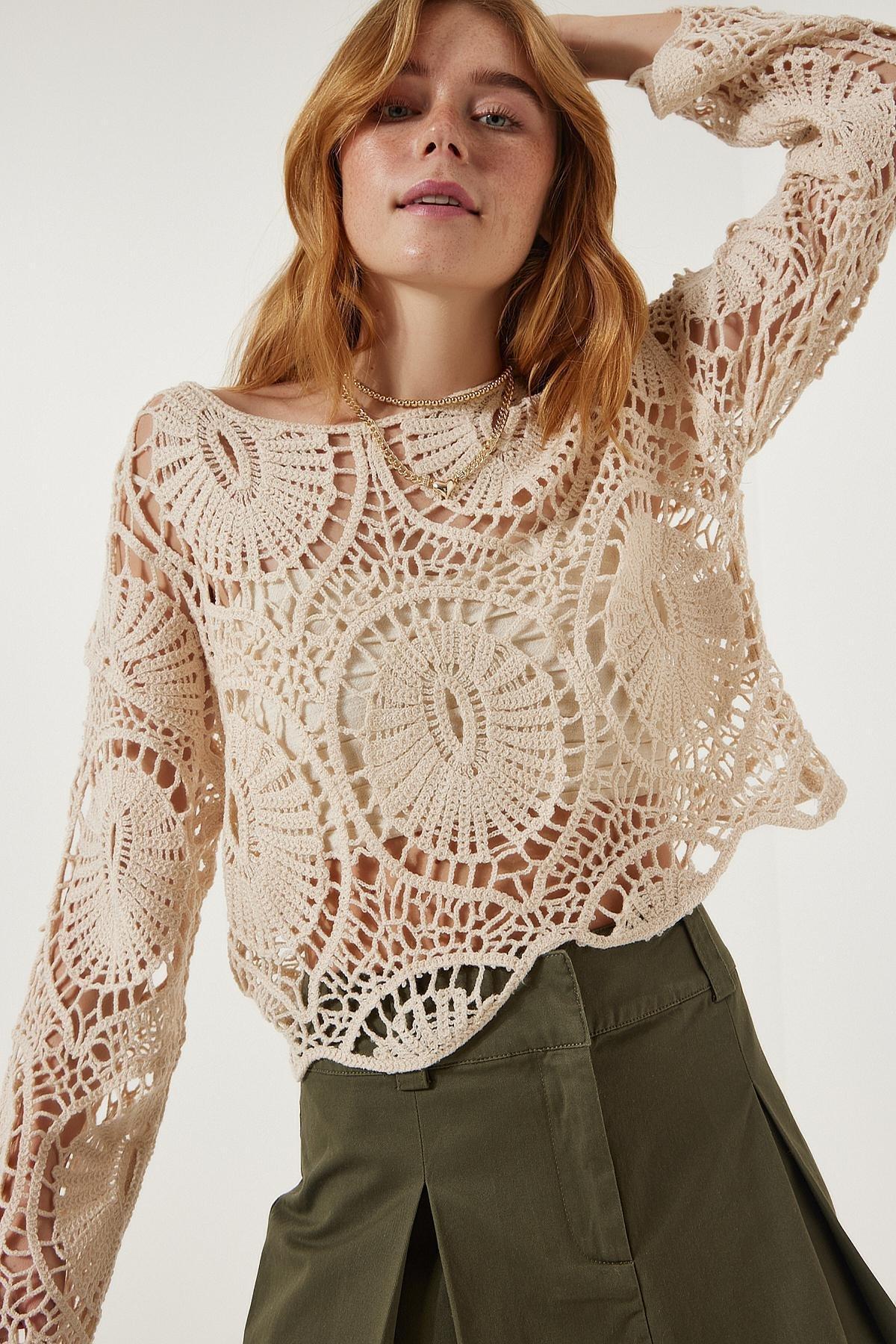 Cream Laced Knitted Blouse, Cream, large image number 3