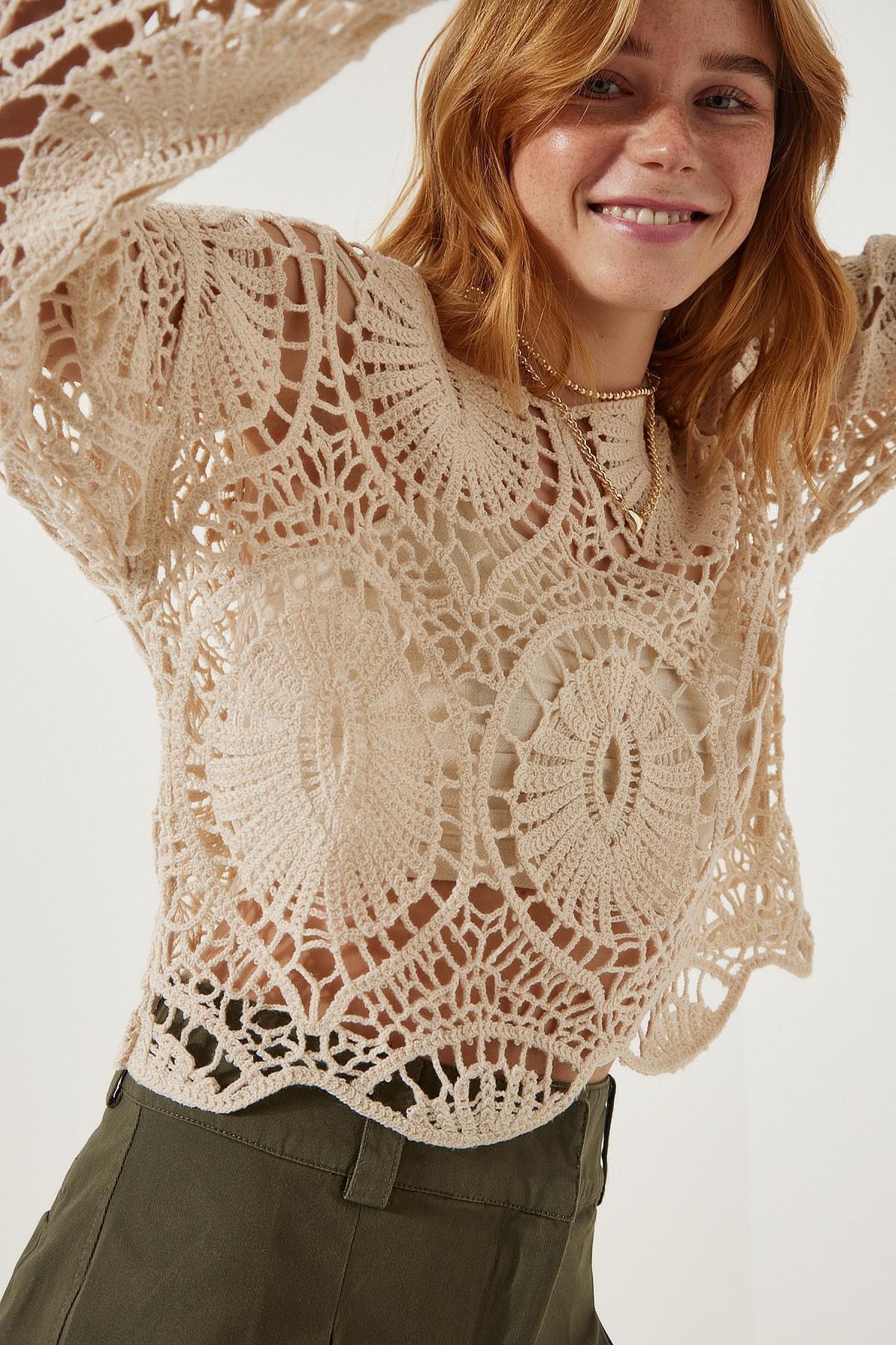 Cream Laced Knitted Blouse, Cream, large image number 4