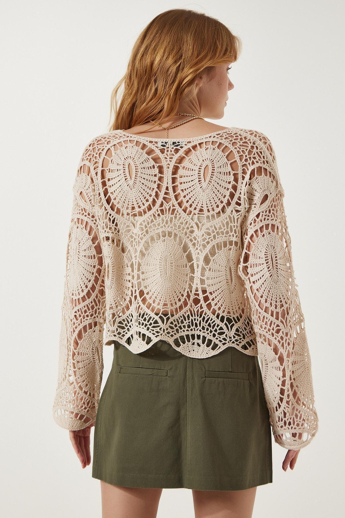Cream Laced Knitted Blouse, Cream, large image number 5