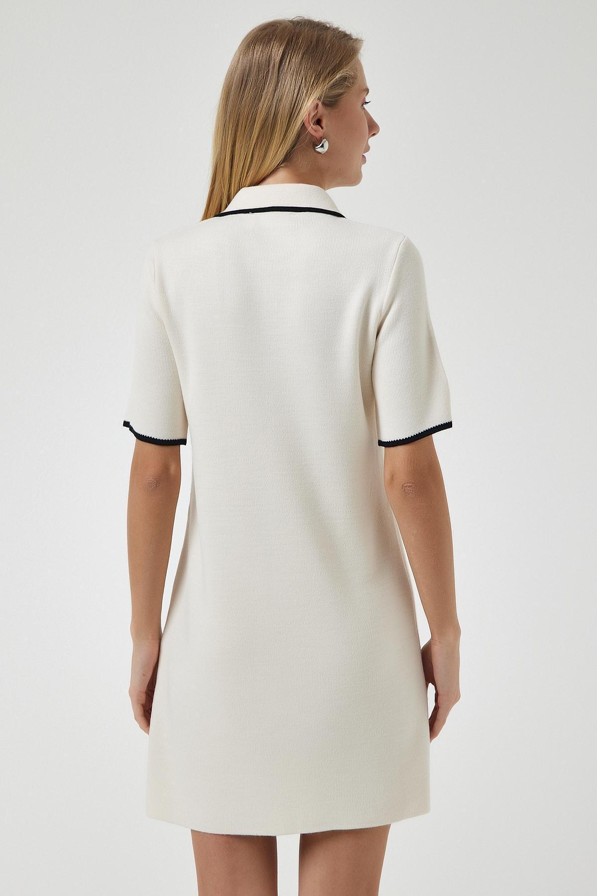 Cream Zippered Polo Neck Knitwear Dress, Cream, large image number 7