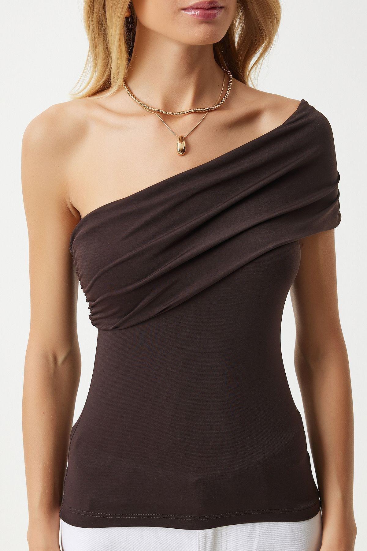 Womens Brown One-Shoulder Gathered Knitted Blouse DZ00112, single, , large image number 1