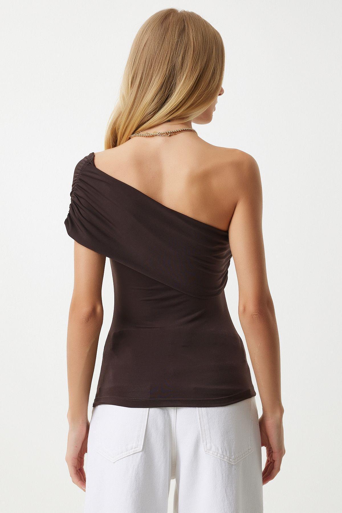 Womens Brown One-Shoulder Gathered Knitted Blouse DZ00112, single, , large image number 3