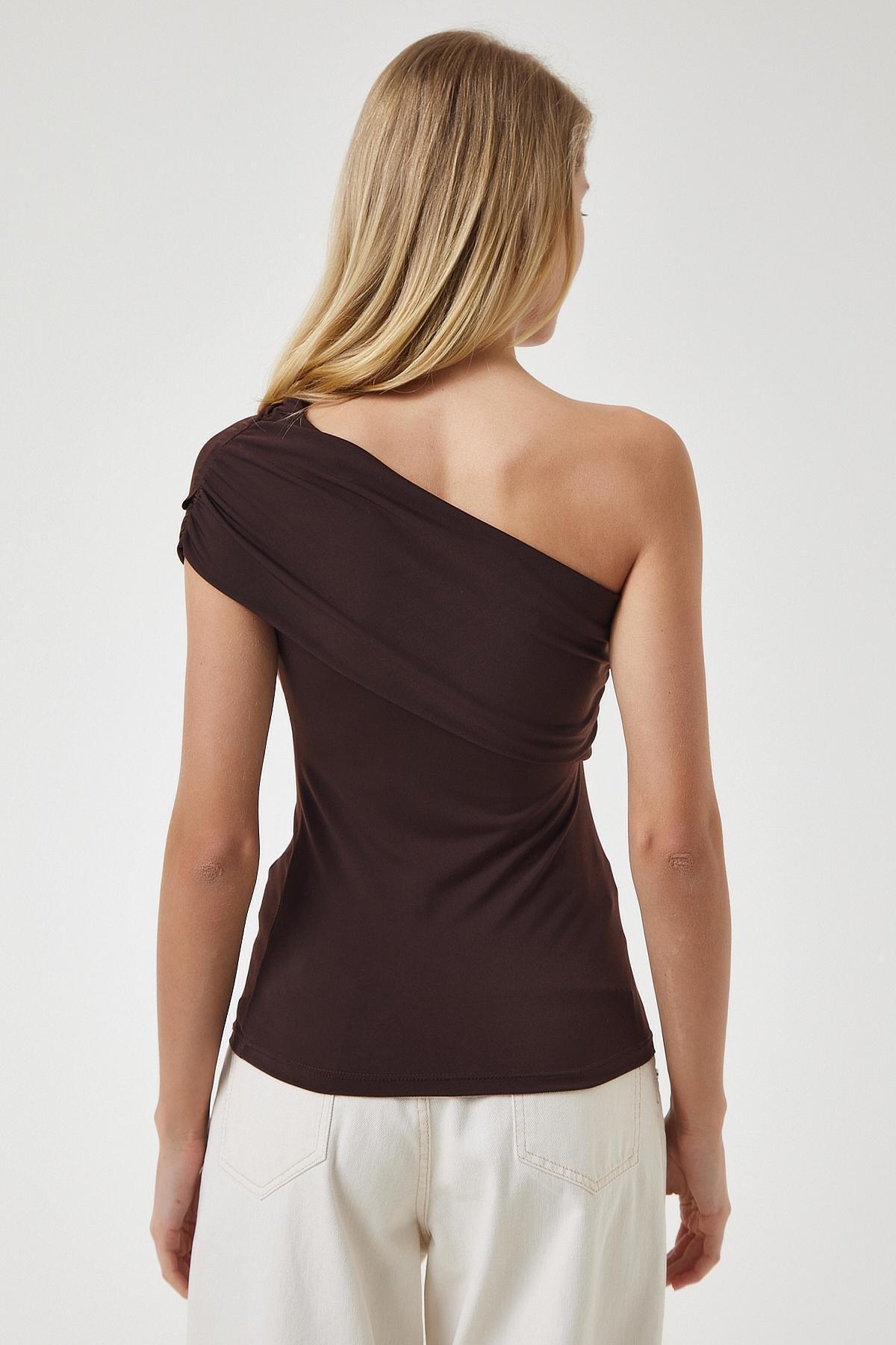 Womens Brown One-Shoulder Gathered Knitted Blouse DZ00112, single, , large image number 4