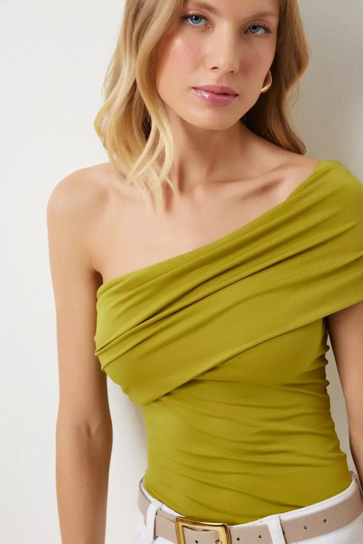 Green One Shoulder Knit Blouse, OIL GREEN, large image number 0
