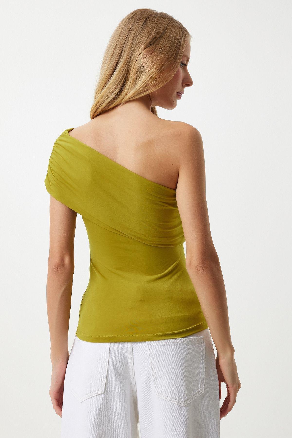 Green One Shoulder Knit Blouse, OIL GREEN, large image number 4
