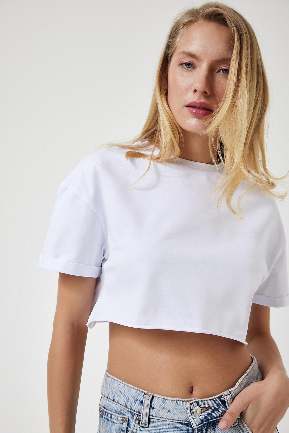 White Crew Neck Crop Knitted T-Shirt, , large image number 1