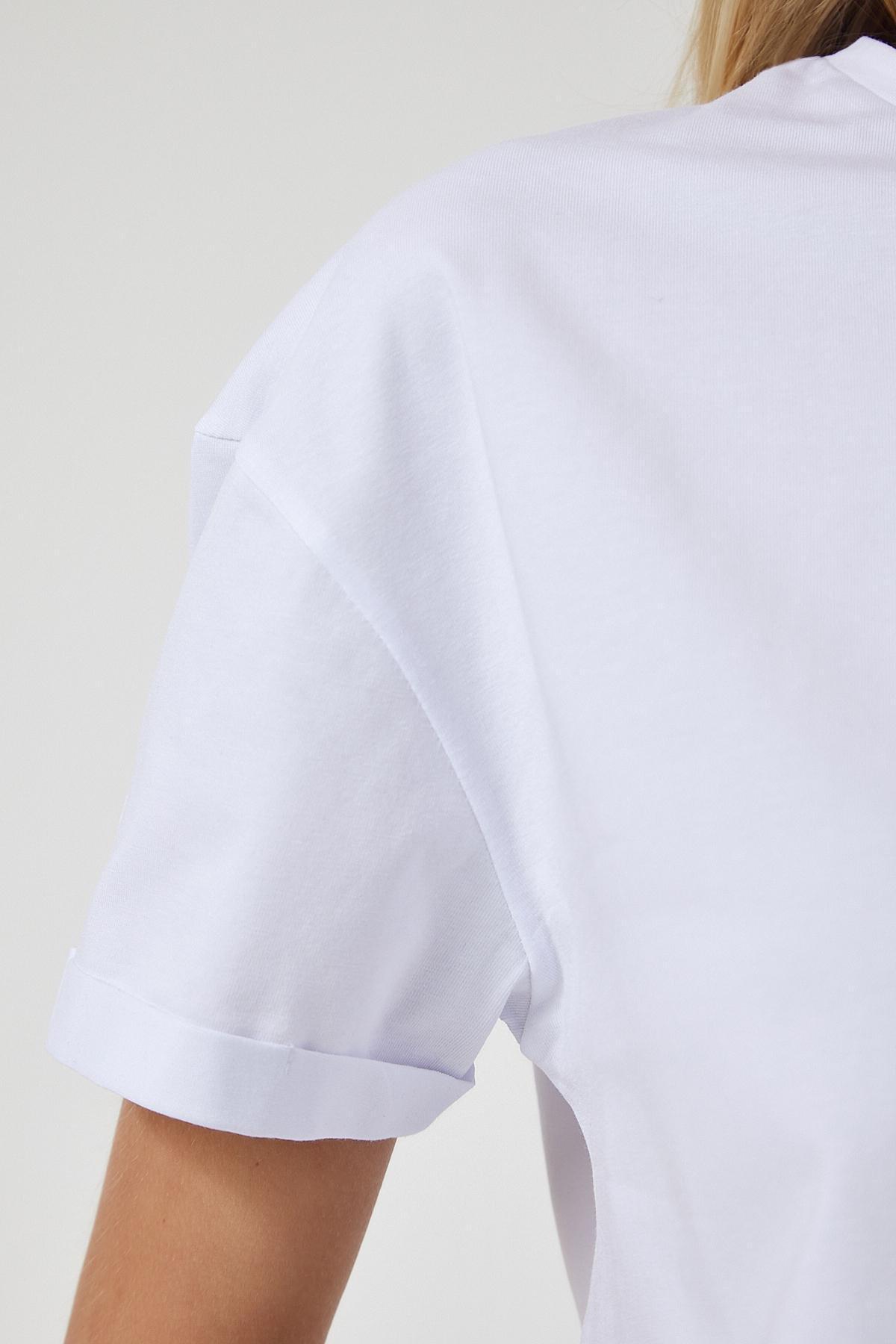 White Crew Neck Crop Knitted T-Shirt, , large image number 4