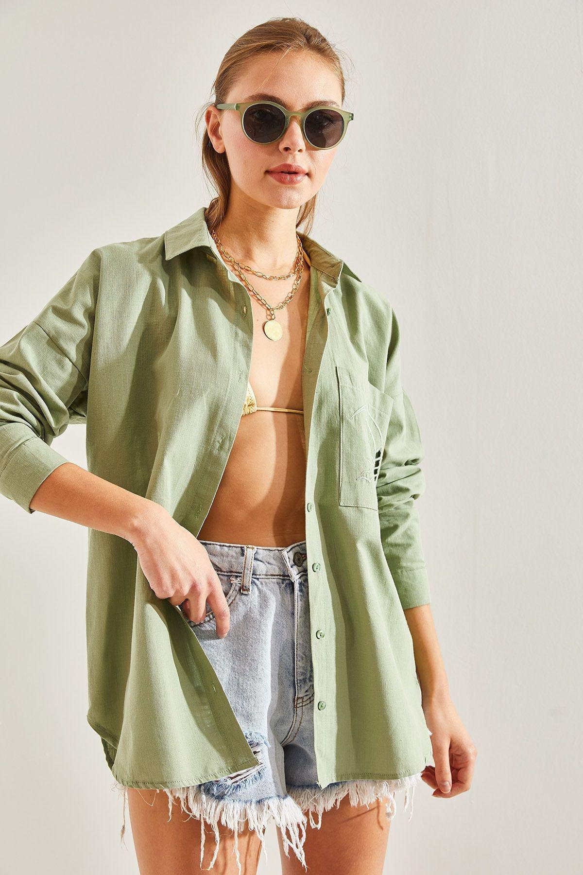 Khaki Single Pocket Scalloped Shirt, , large image number 0