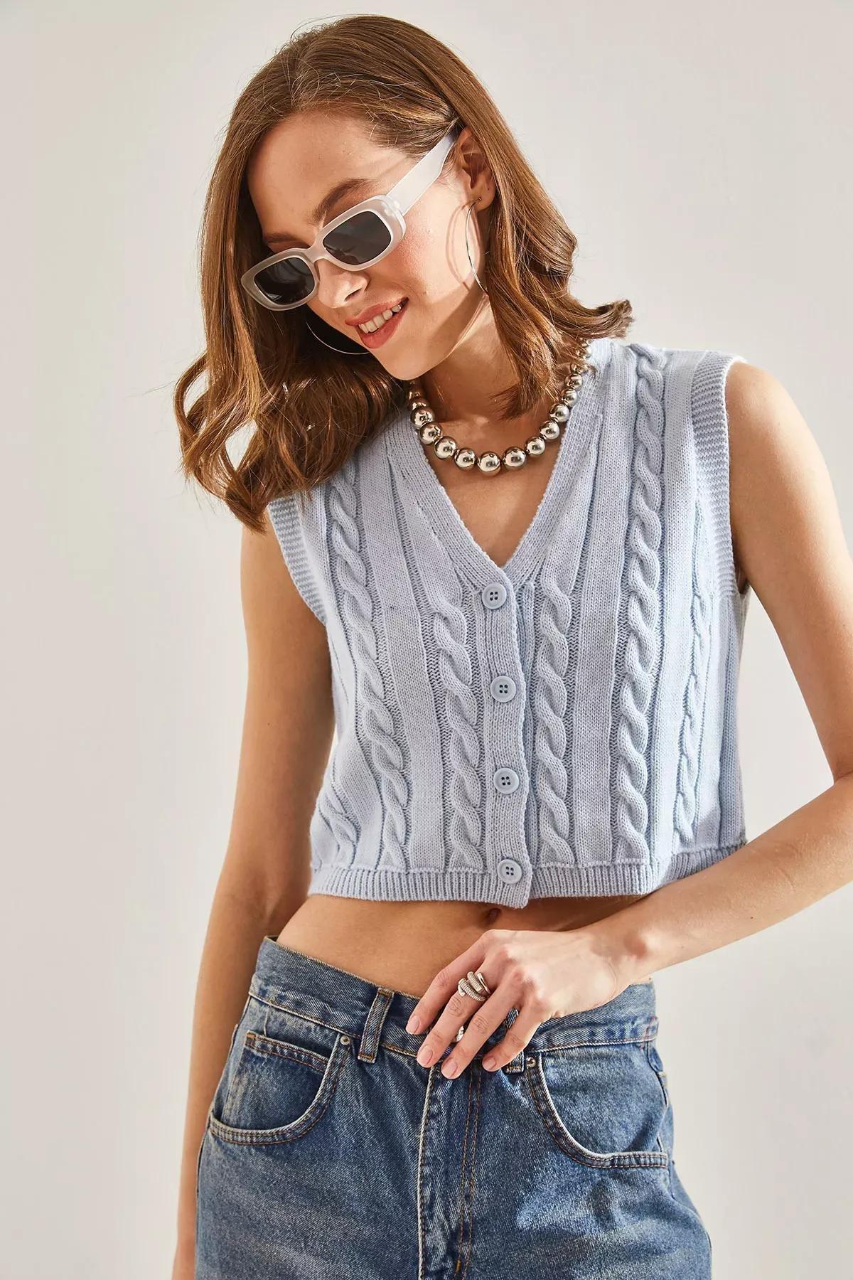 Womens Hair Braided Knitwear Vest, single, BABY BLUE, large image number 3