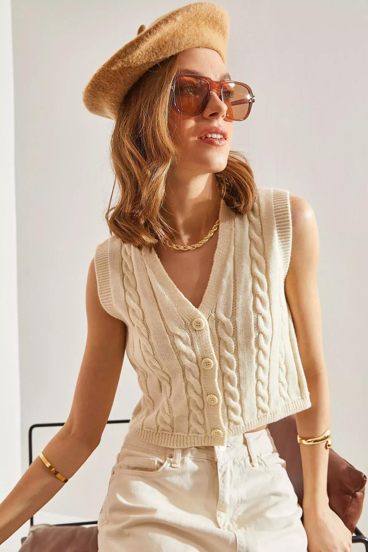 Cream V-Neck Knitted Vest Top, Cream, large image number 0