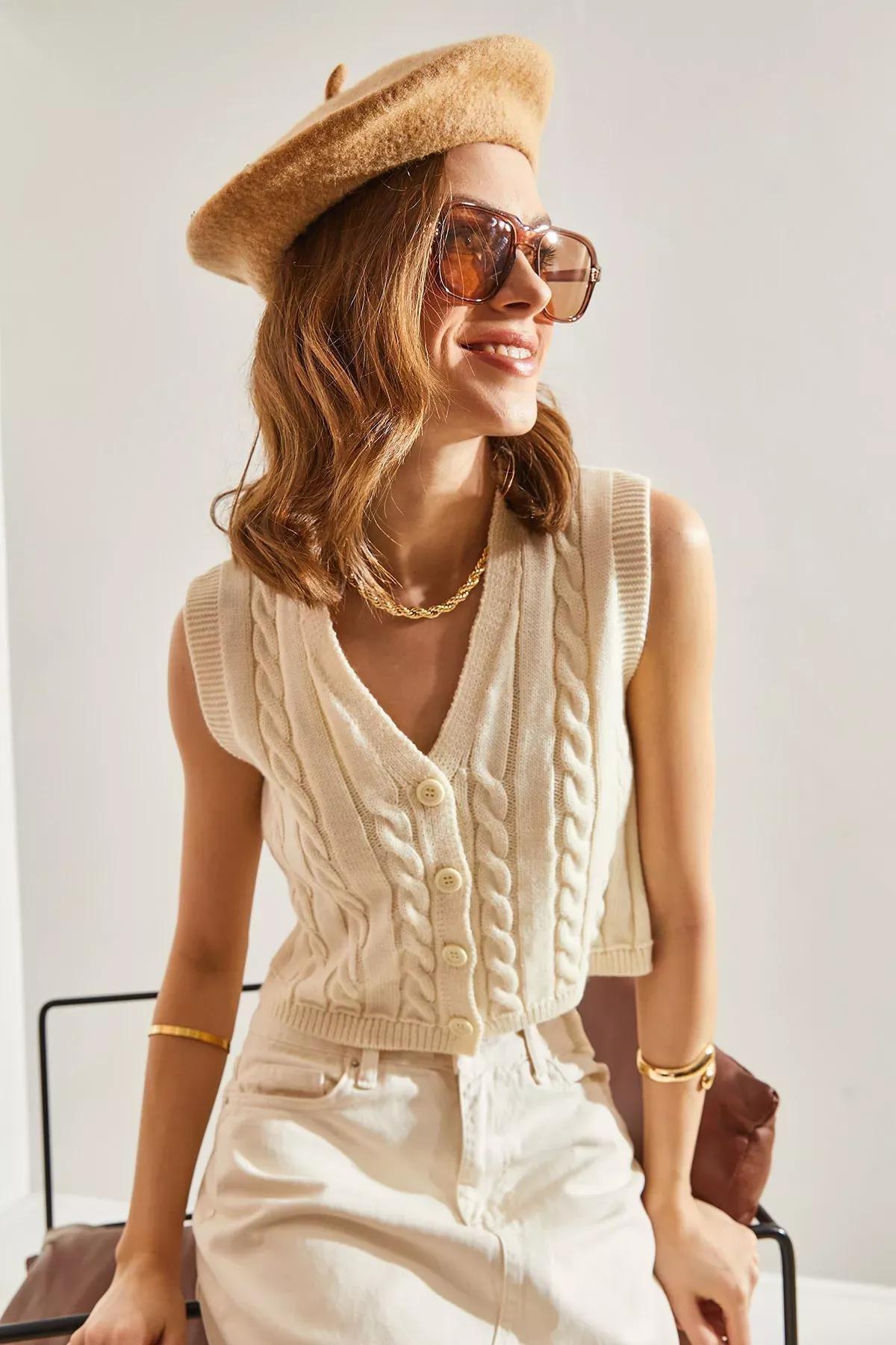 Cream V-Neck Knitted Vest Top, Cream, large image number 1