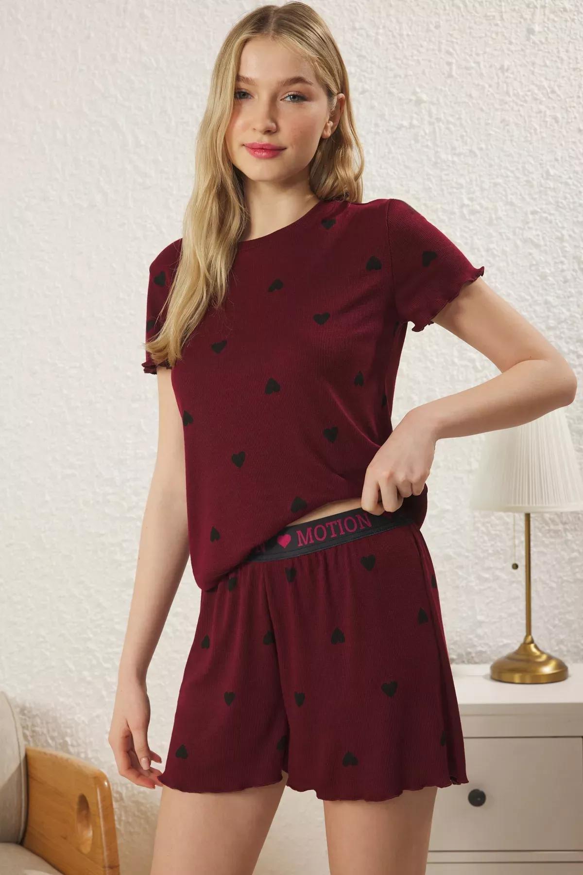 Burgundy Heart Slogan Printed Ribbed Shorts Pajama Set, C101_7277, large image number 0