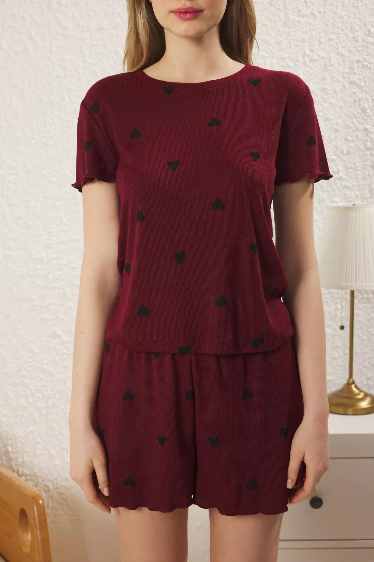 Burgundy Heart Slogan Printed Ribbed Shorts Pajama Set, C101_7277, large image number 2