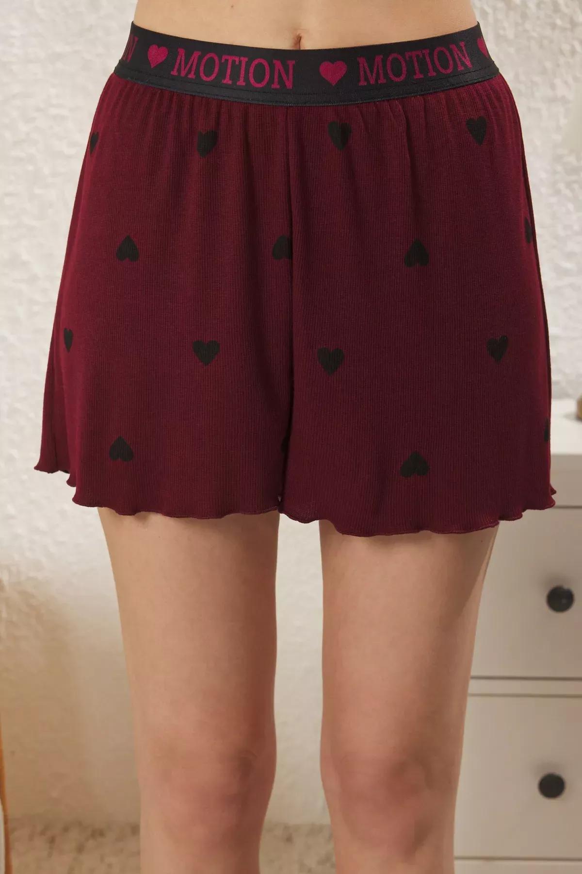 Burgundy Heart Slogan Printed Ribbed Shorts Pajama Set, C101_7277, large image number 3