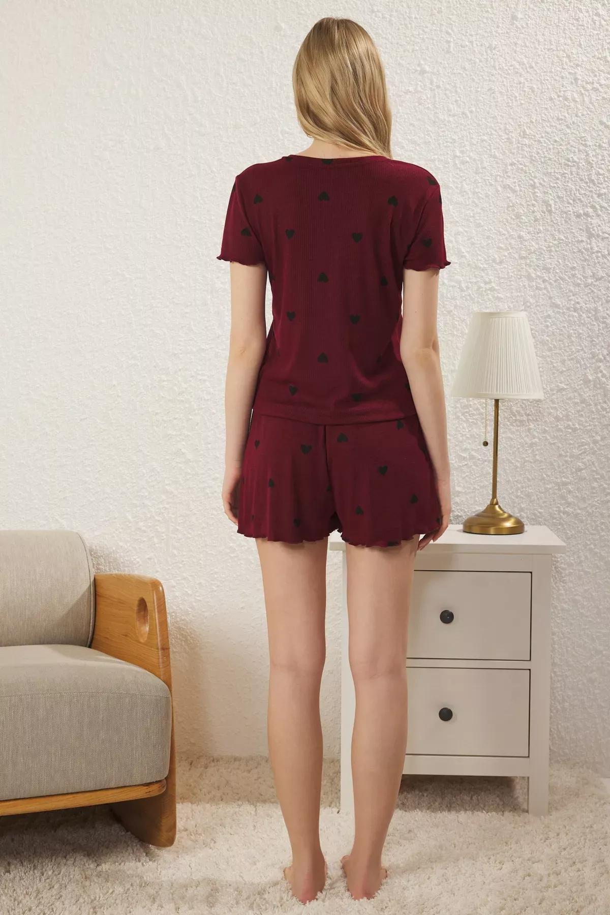 Burgundy Heart Slogan Printed Ribbed Shorts Pajama Set, C101_7277, large image number 4