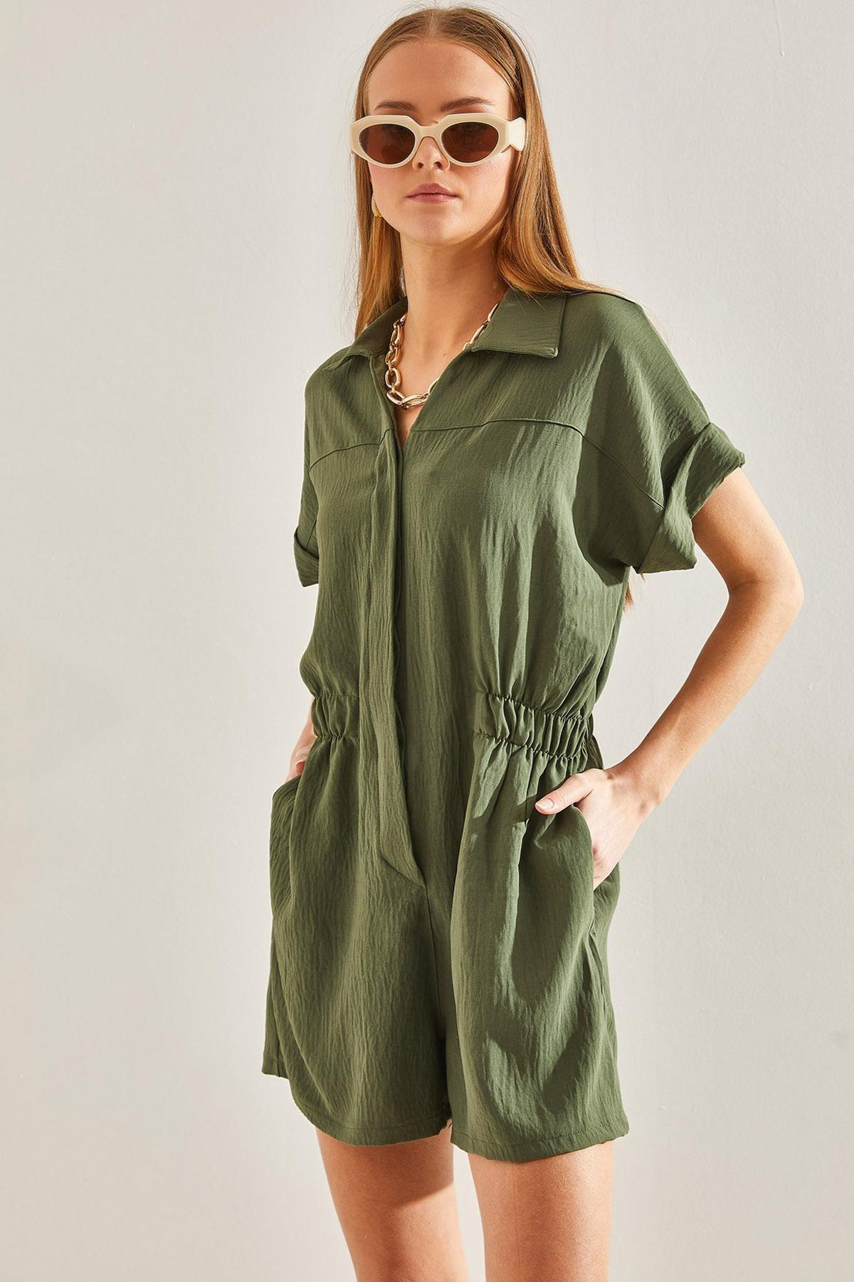 Khaki Basic Elastic Waist Jumpsuit, , large image number 0