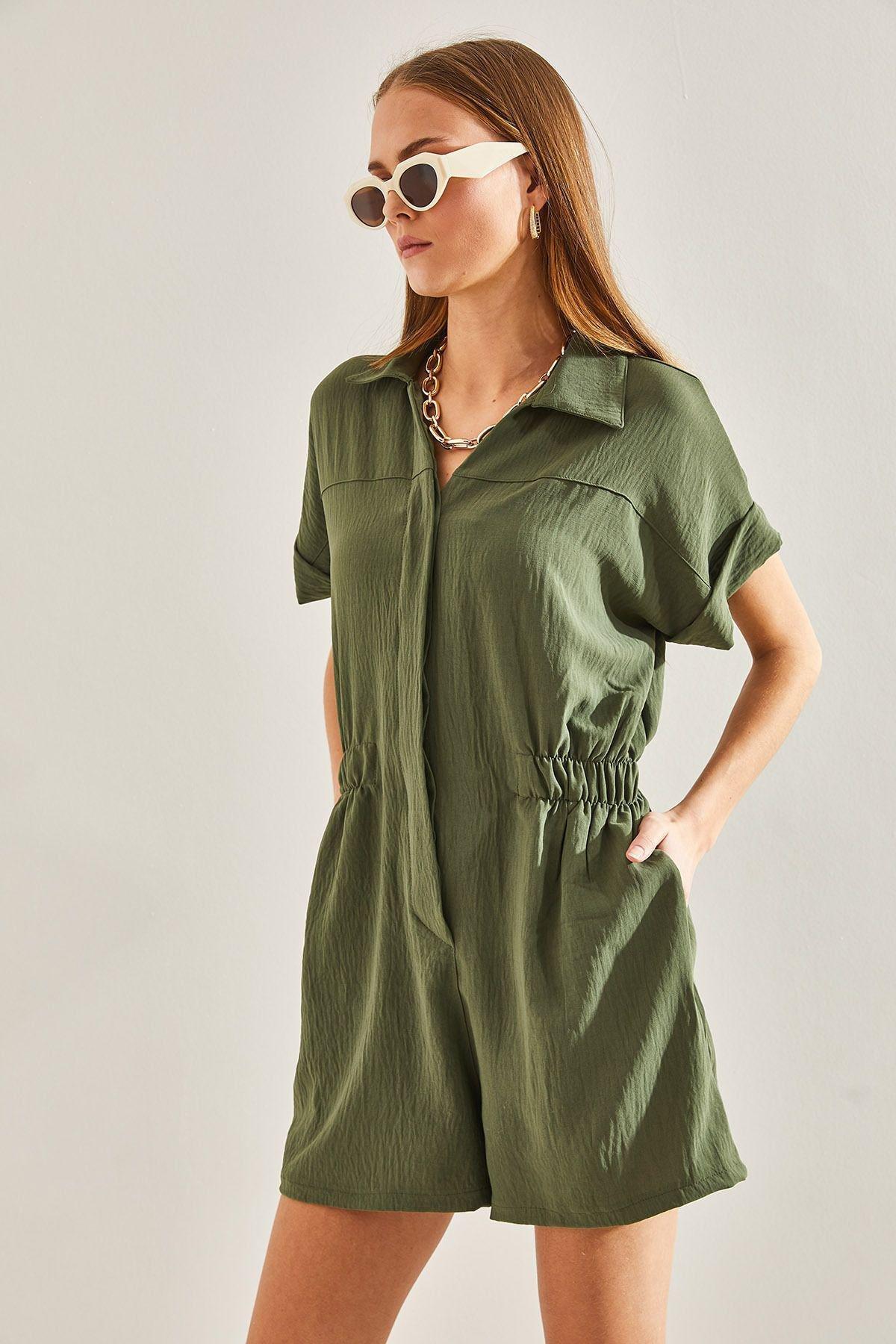 Khaki Basic Elastic Waist Jumpsuit, , large image number 1