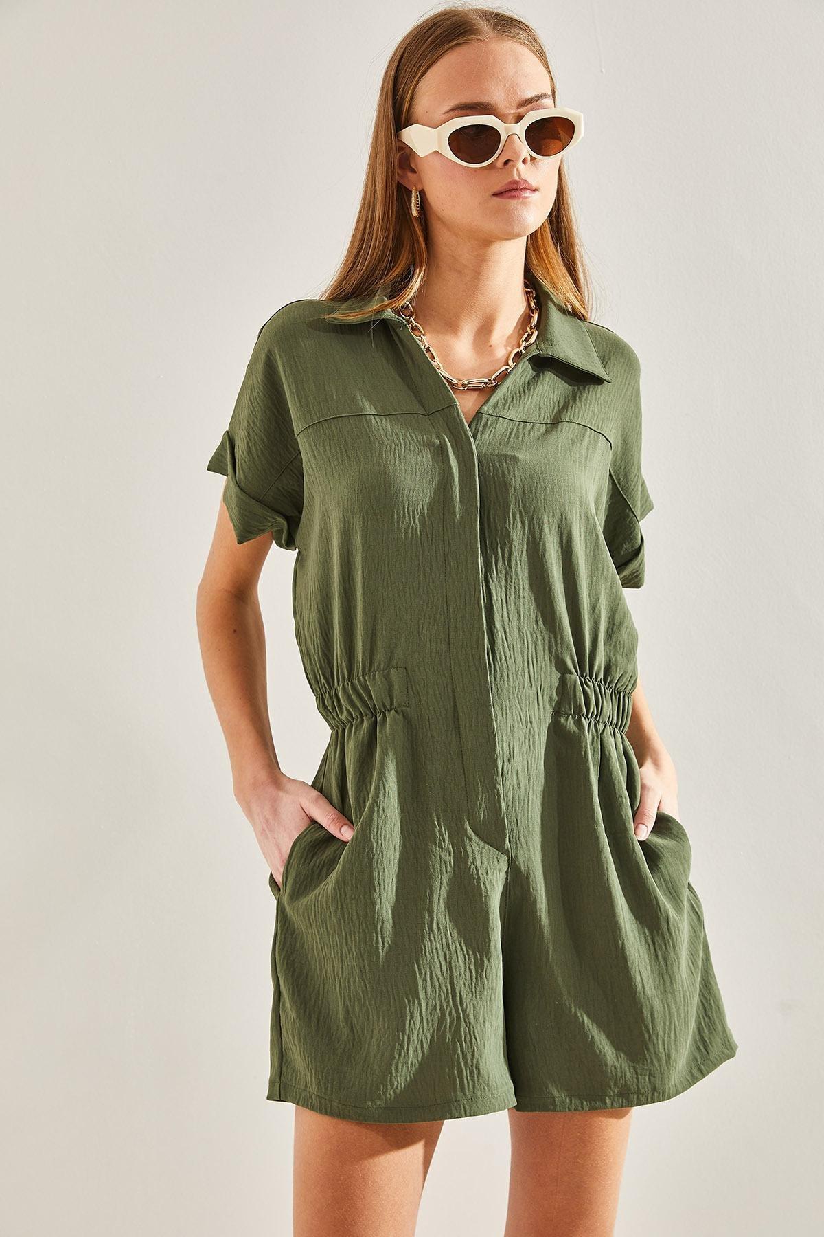 Khaki Basic Elastic Waist Jumpsuit, , large image number 2