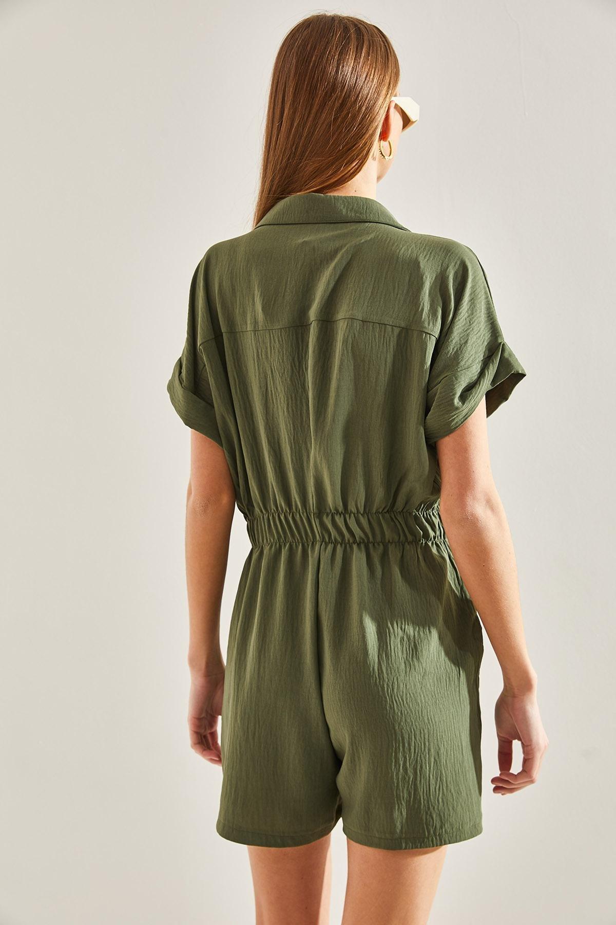 Khaki Basic Elastic Waist Jumpsuit, , large image number 3