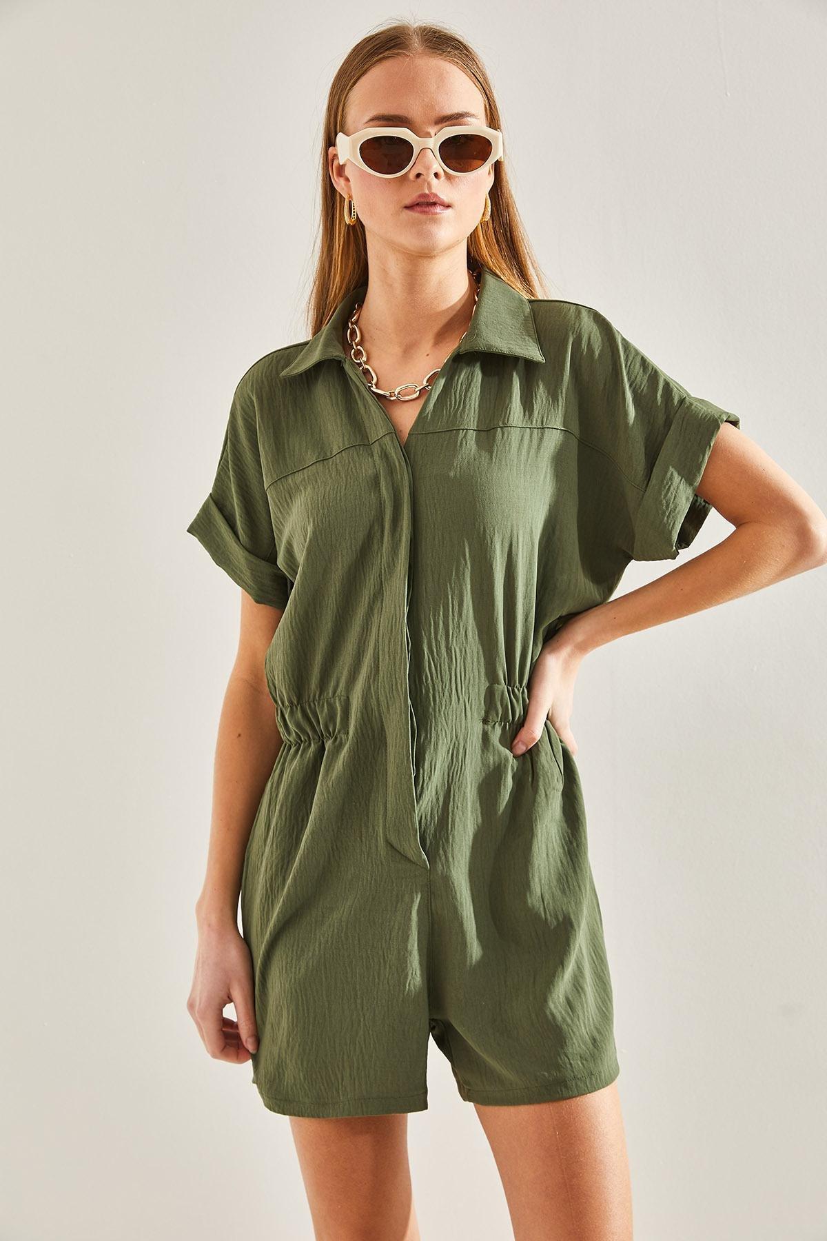 Khaki Basic Elastic Waist Jumpsuit, , large image number 4