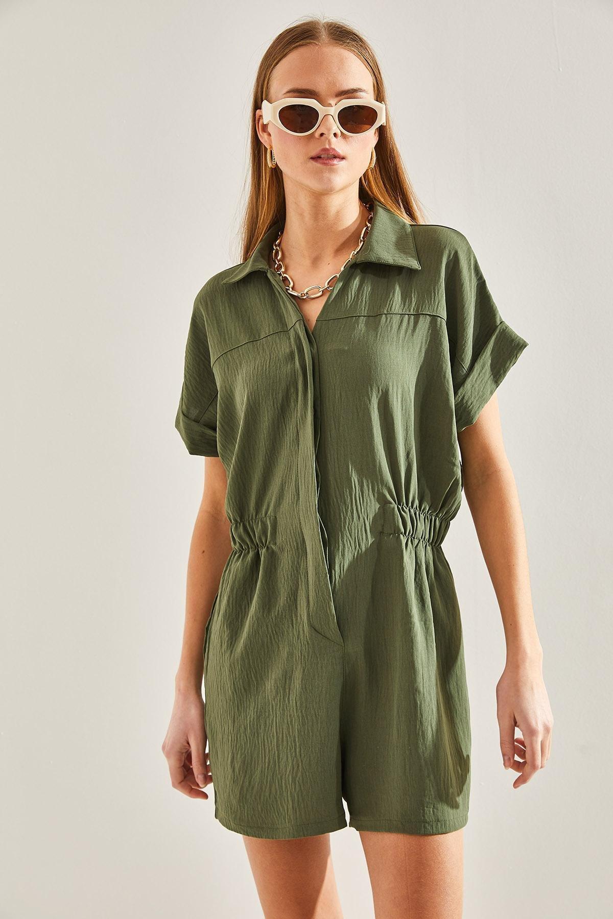 Khaki Basic Elastic Waist Jumpsuit, , large image number 5