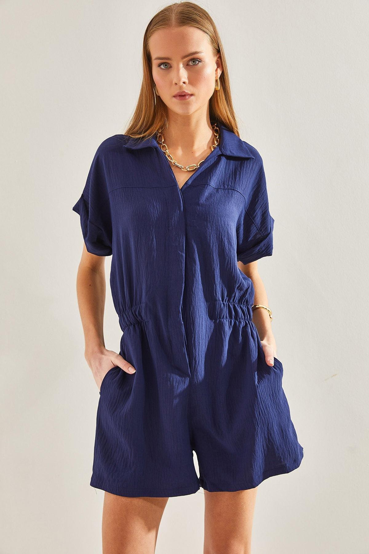 Blue Basic Elastic Waist Jumpsuit, , large image number 0