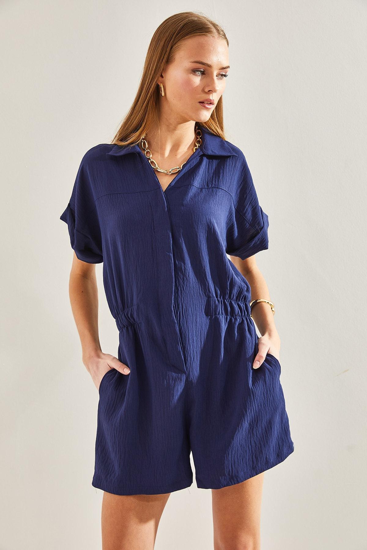 Blue Basic Elastic Waist Jumpsuit, , large image number 1