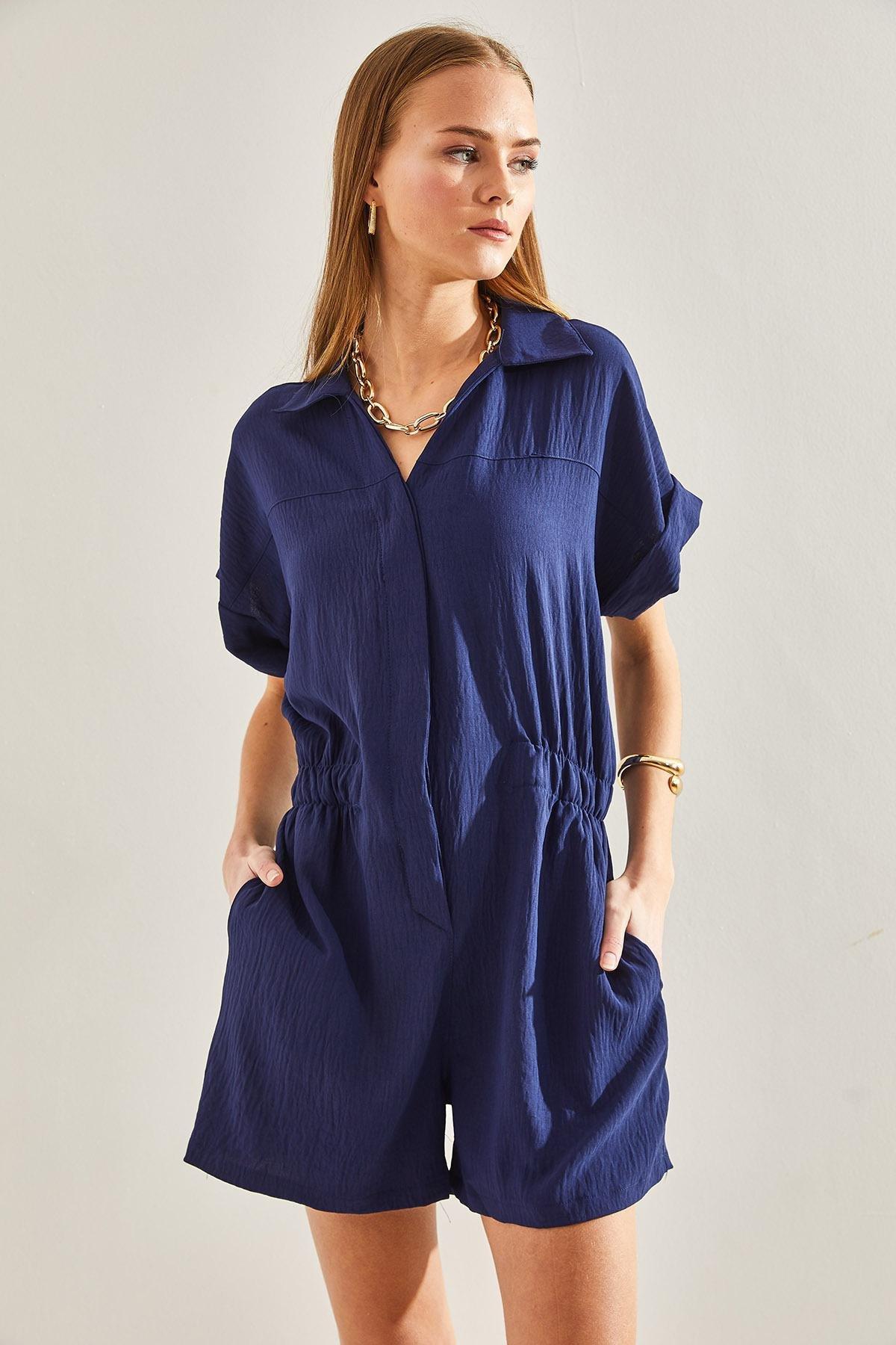 Blue Basic Elastic Waist Jumpsuit, , large image number 2