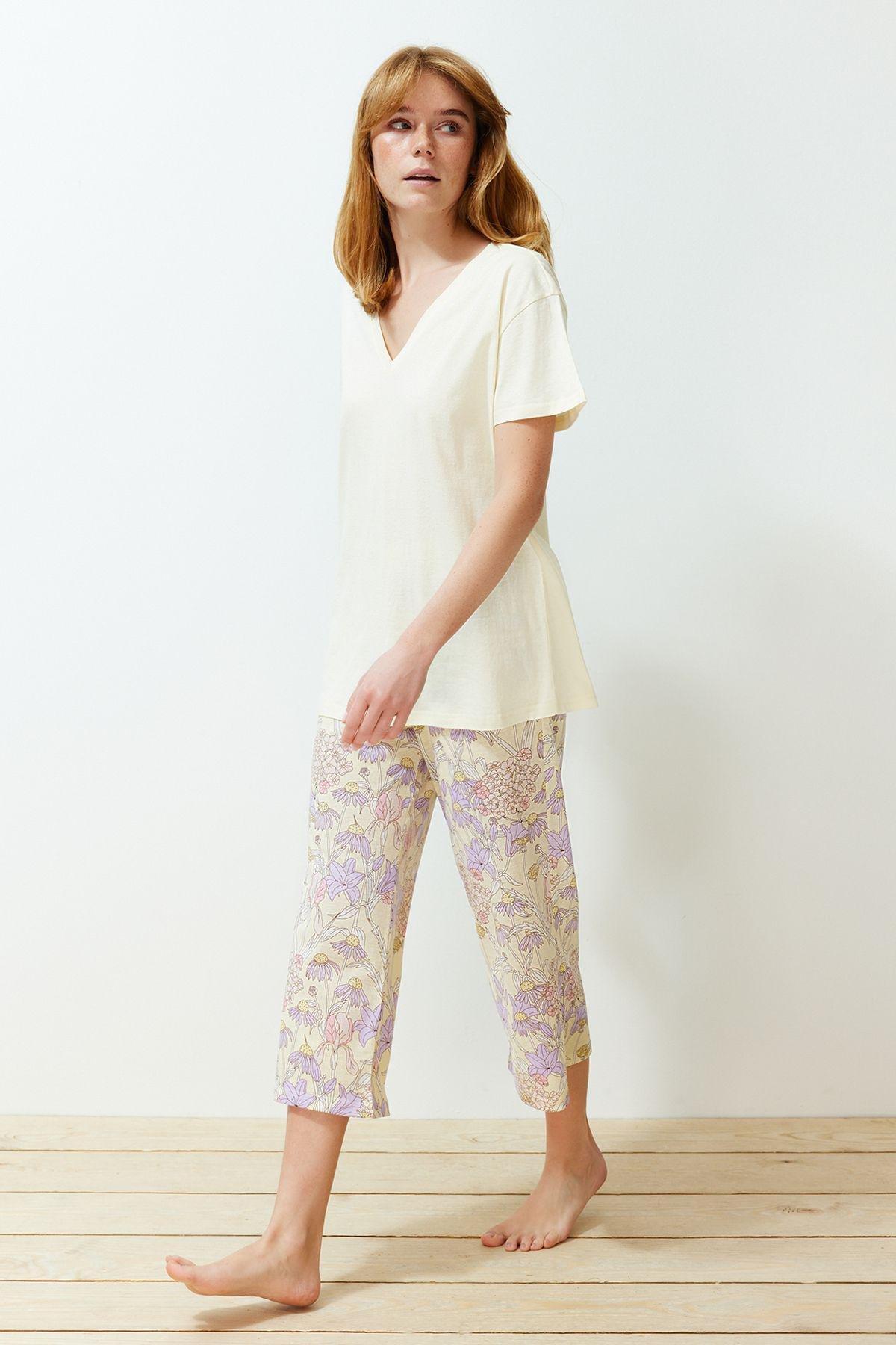 Yellow Floral Knitted Pyjamas Set, , large image number 0