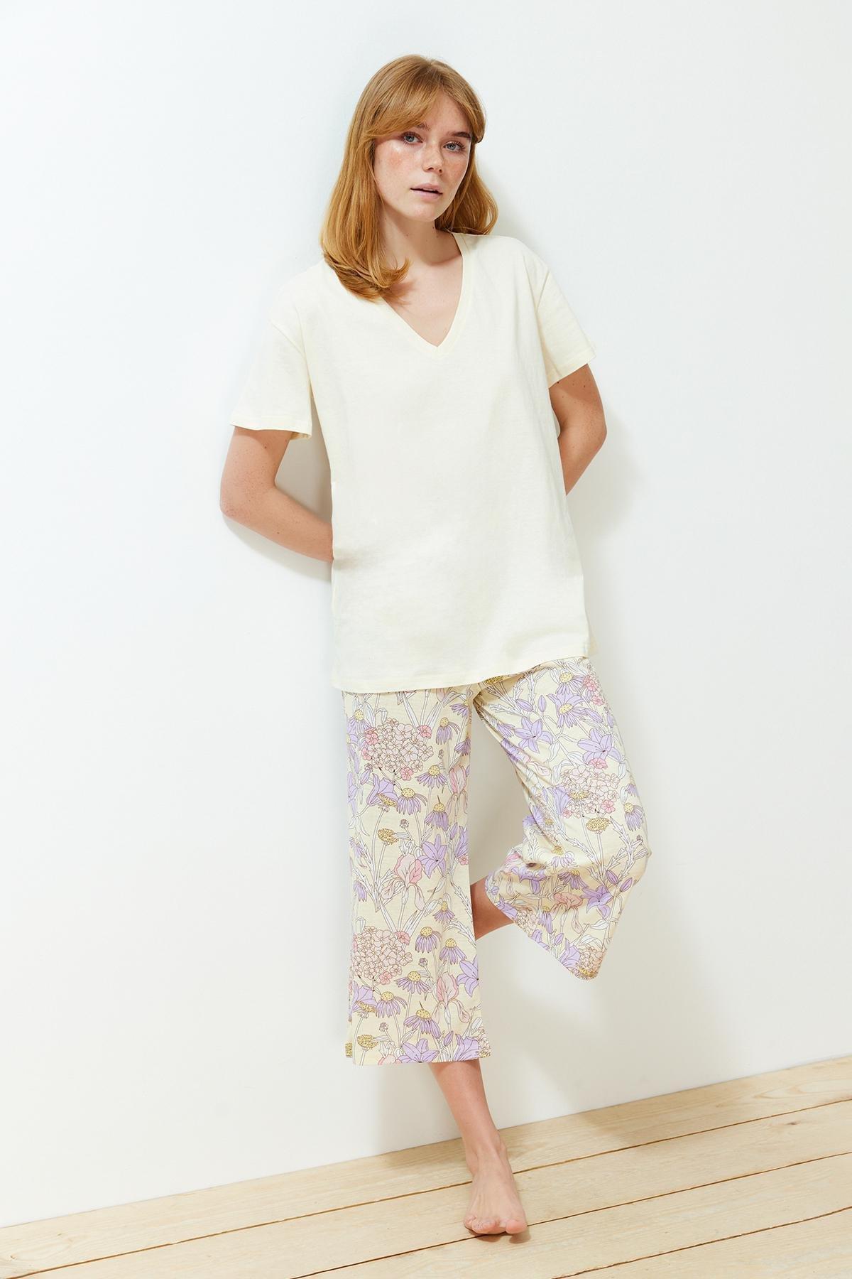 Yellow Floral Knitted Pyjamas Set, , large image number 1