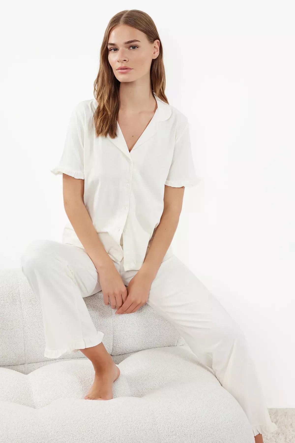 Beige Ruffle Pajama Set, Ecru, large image number 0