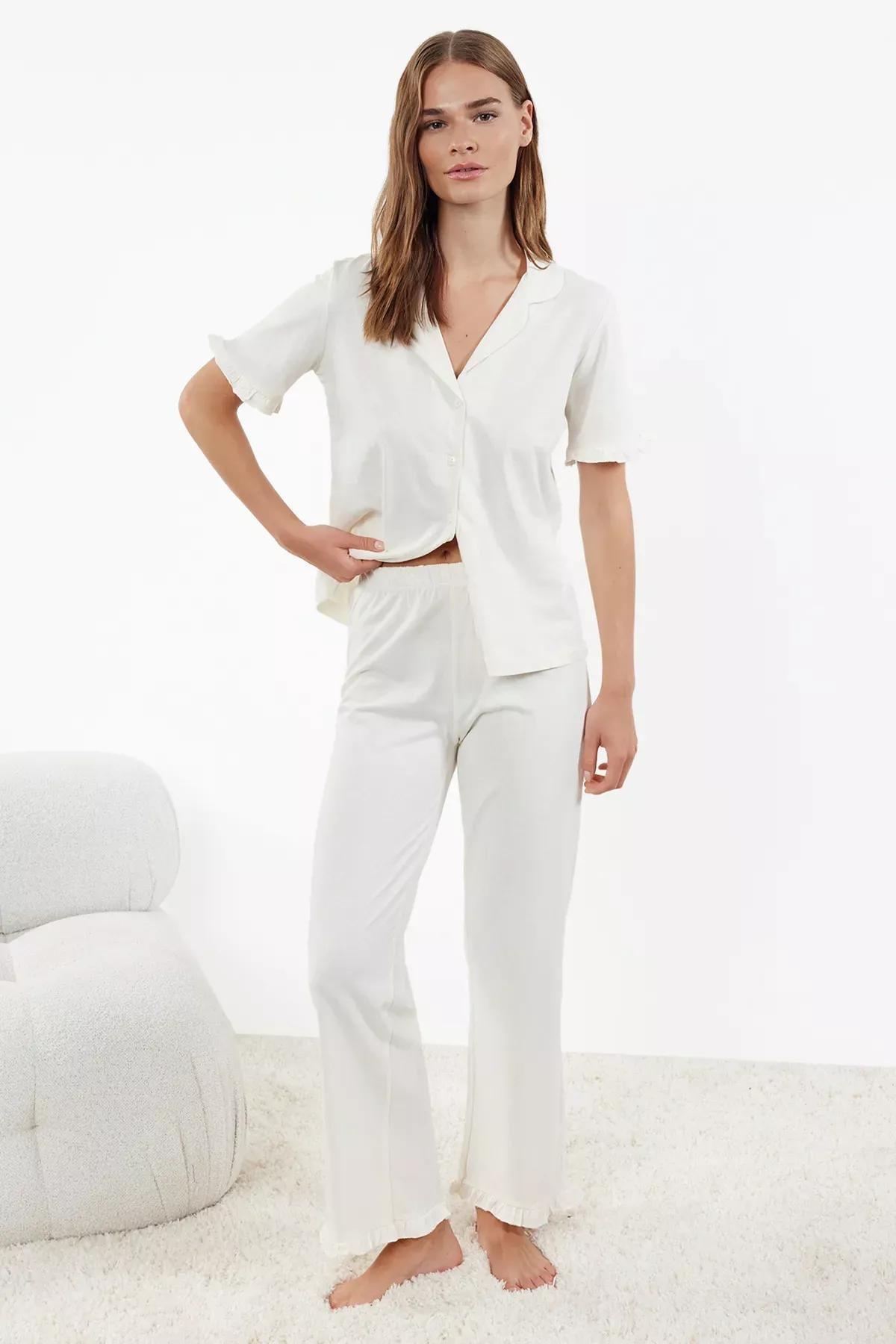 Beige Ruffle Pajama Set, Ecru, large image number 1