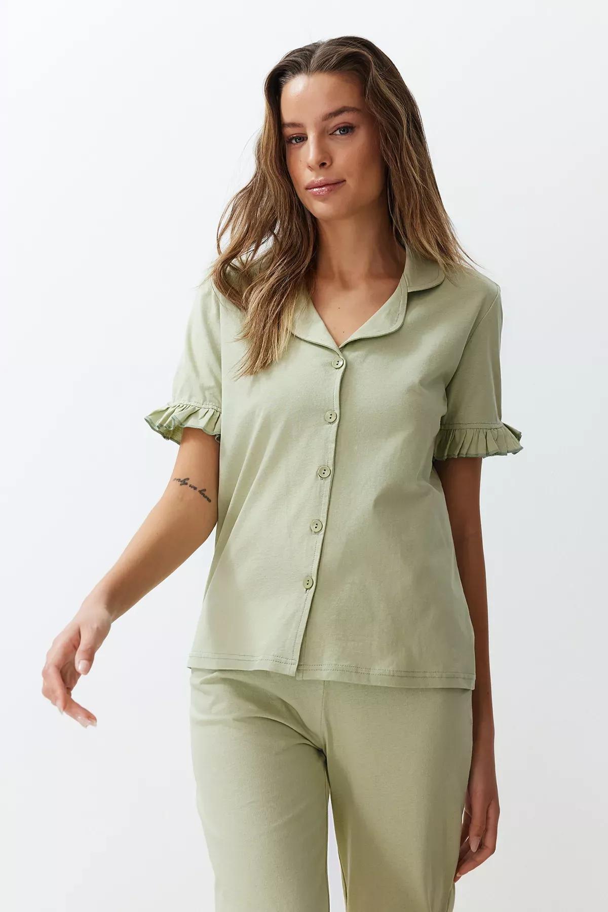 Green Ruffle Detailed Knitted Pyjamas Set, Mint, large image number 1