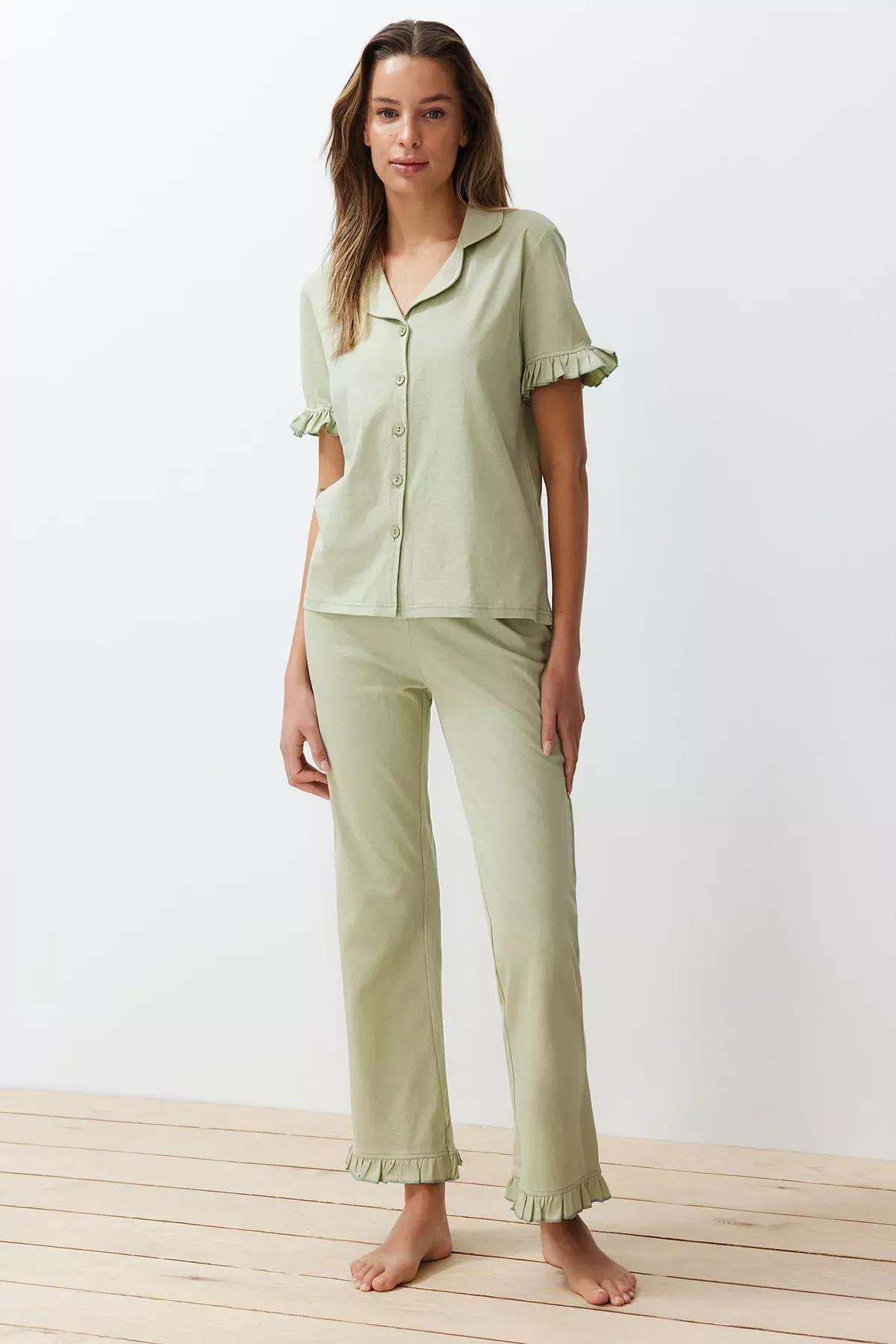 Green Ruffle Detailed Knitted Pyjamas Set, Mint, large image number 2