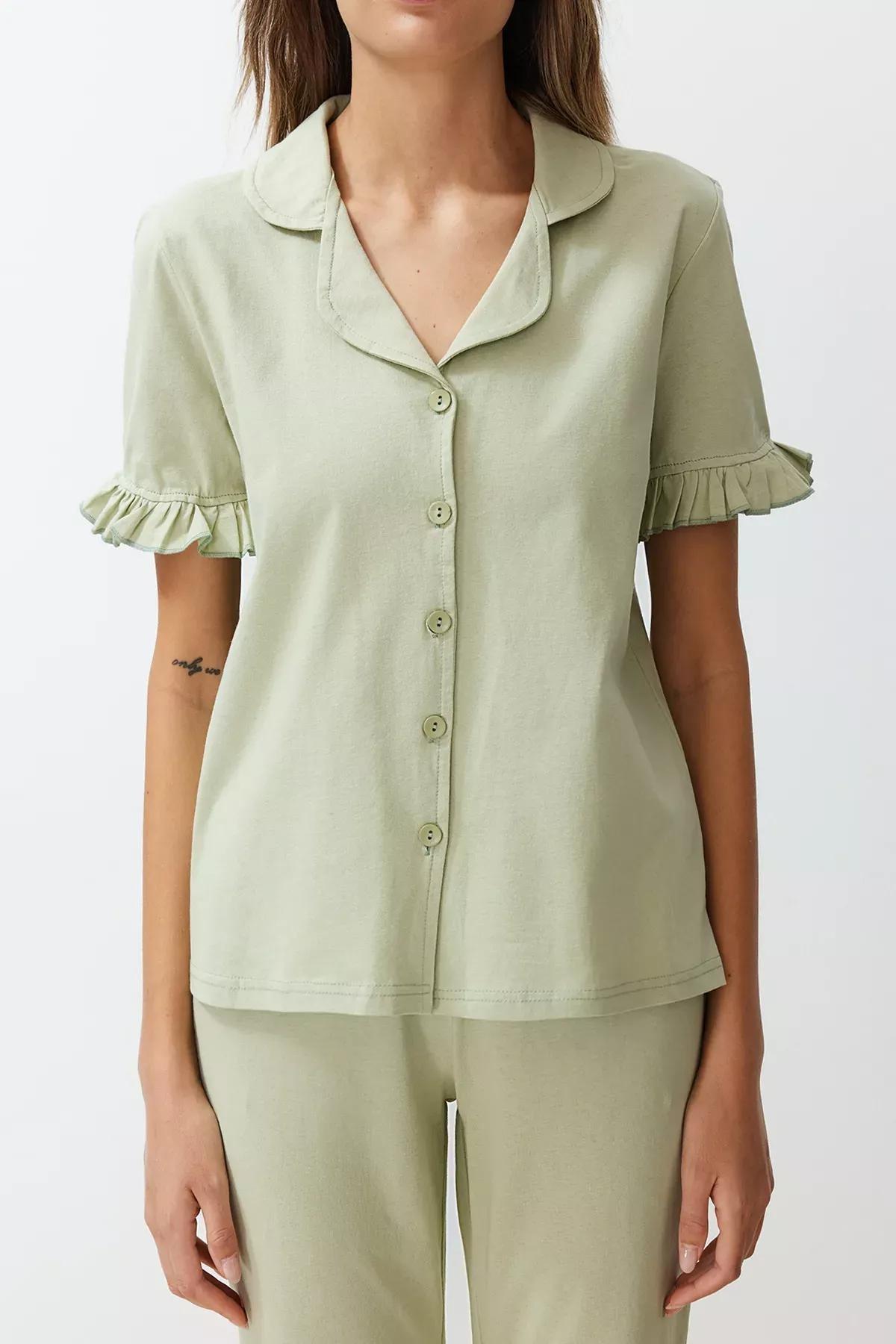 Green Ruffle Detailed Knitted Pyjamas Set, Mint, large image number 3