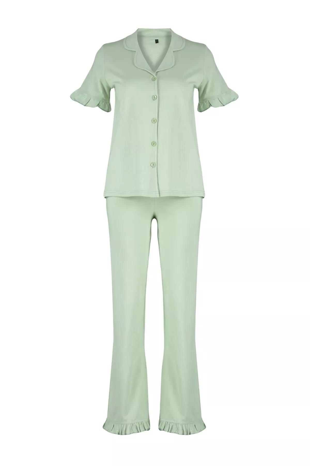 Green Ruffle Detailed Knitted Pyjamas Set, Mint, large image number 5