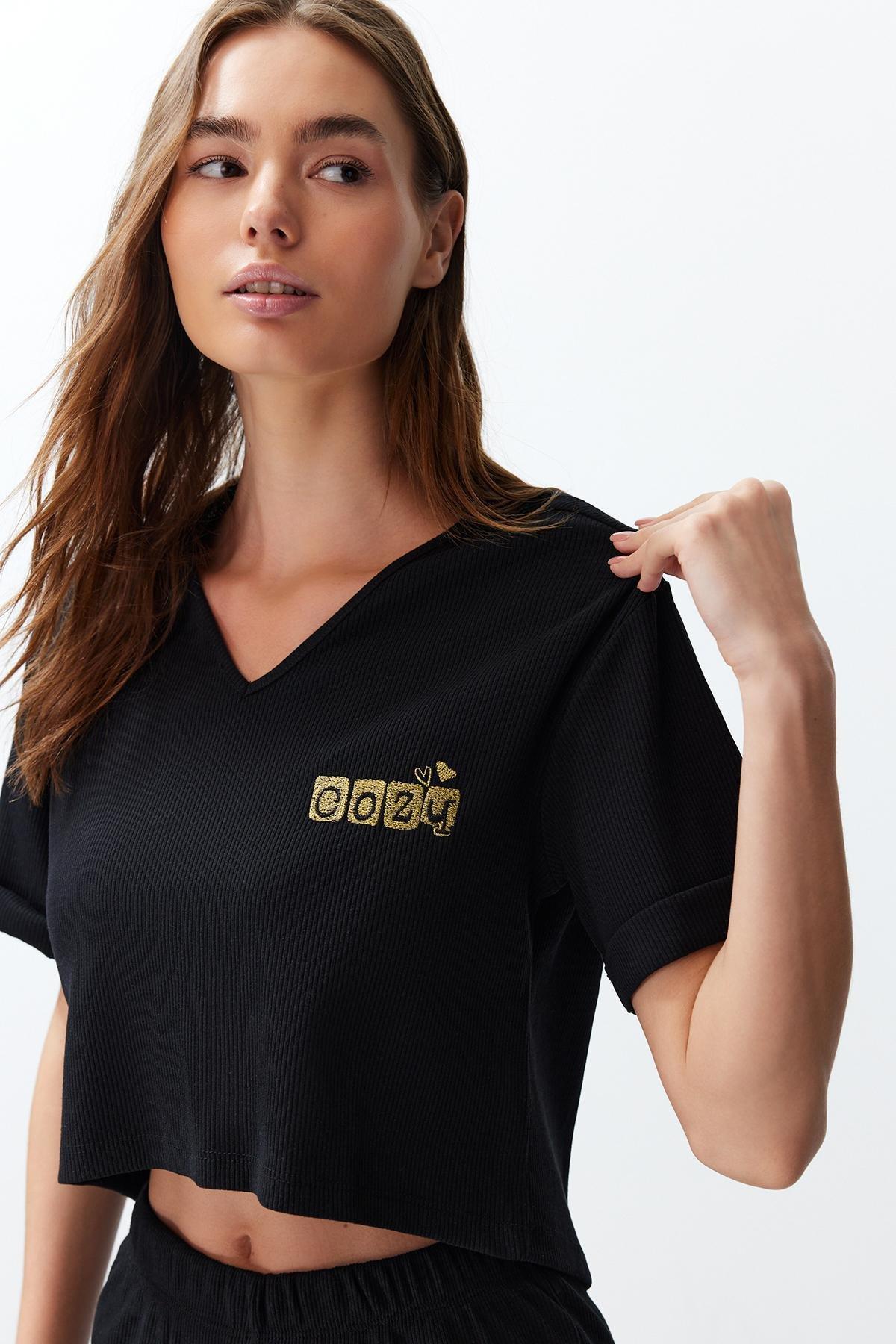 Black Embroidered Ribbed Knitted Pyjamas Set, C101_5720, large image number 1