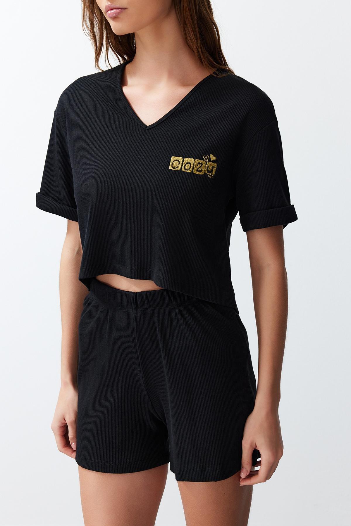 Black Embroidered Ribbed Knitted Pyjamas Set, C101_5720, large image number 3