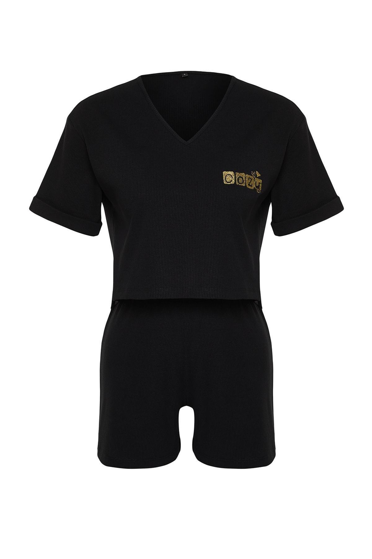 Black Embroidered Ribbed Knitted Pyjamas Set, C101_5720, large image number 4