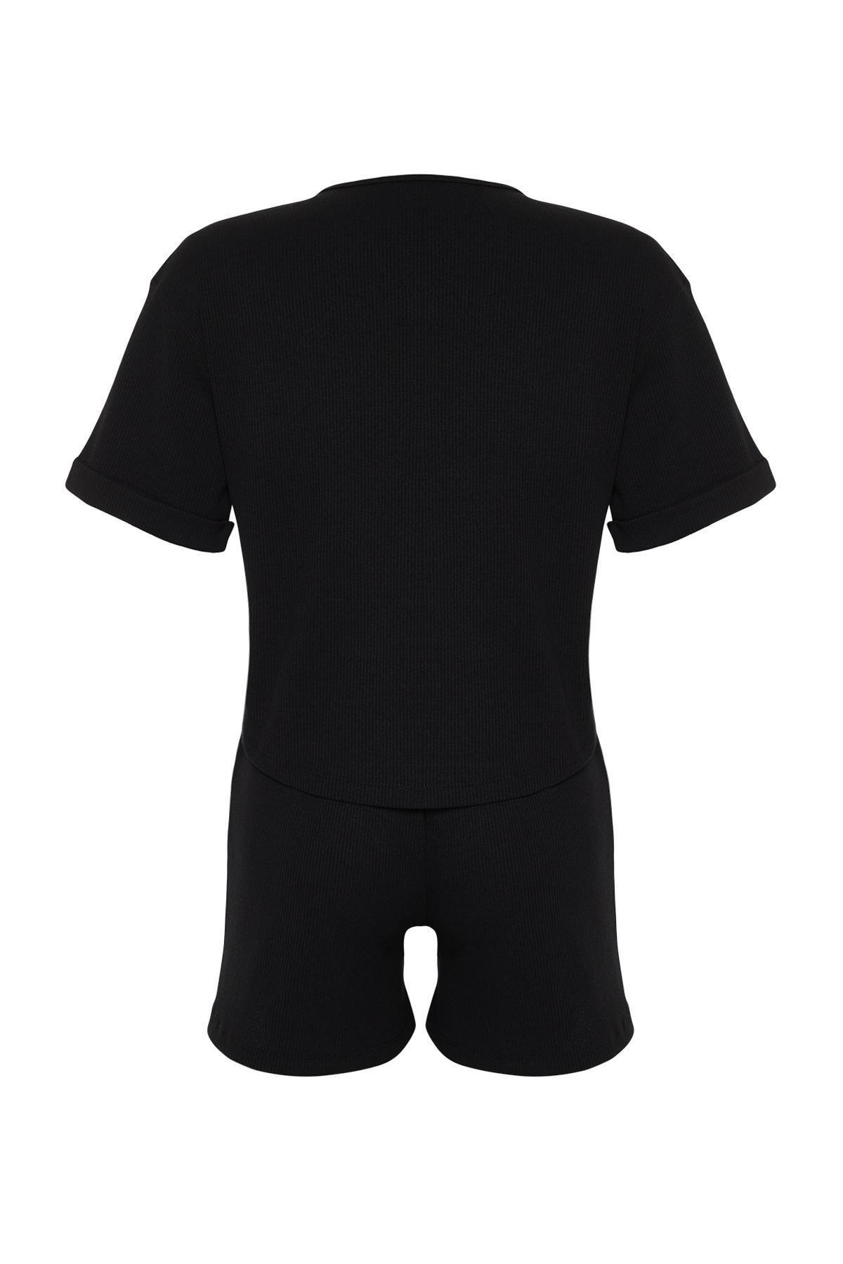 Black Embroidered Ribbed Knitted Pyjamas Set, C101_5720, large image number 6