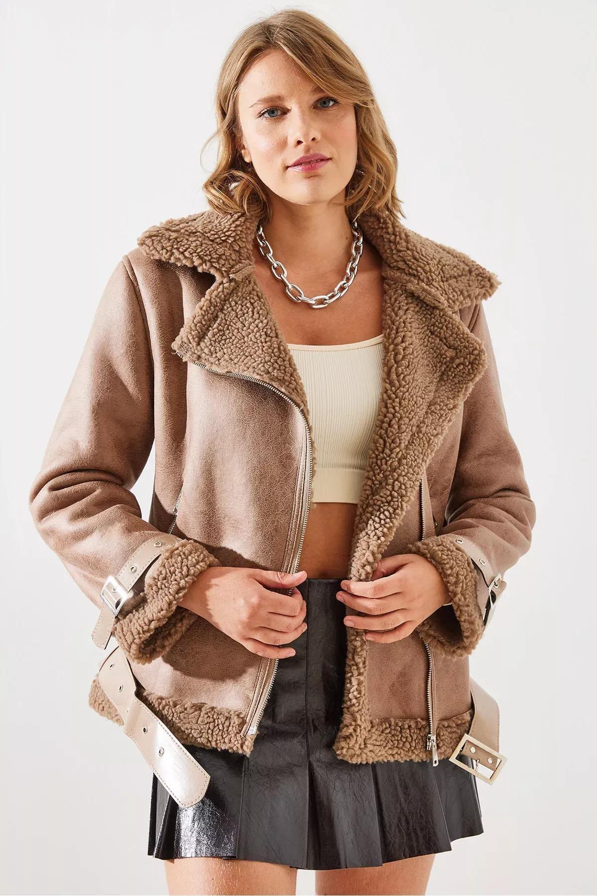 Brown Belt Detail Laminated Coat, CAMEL, medium