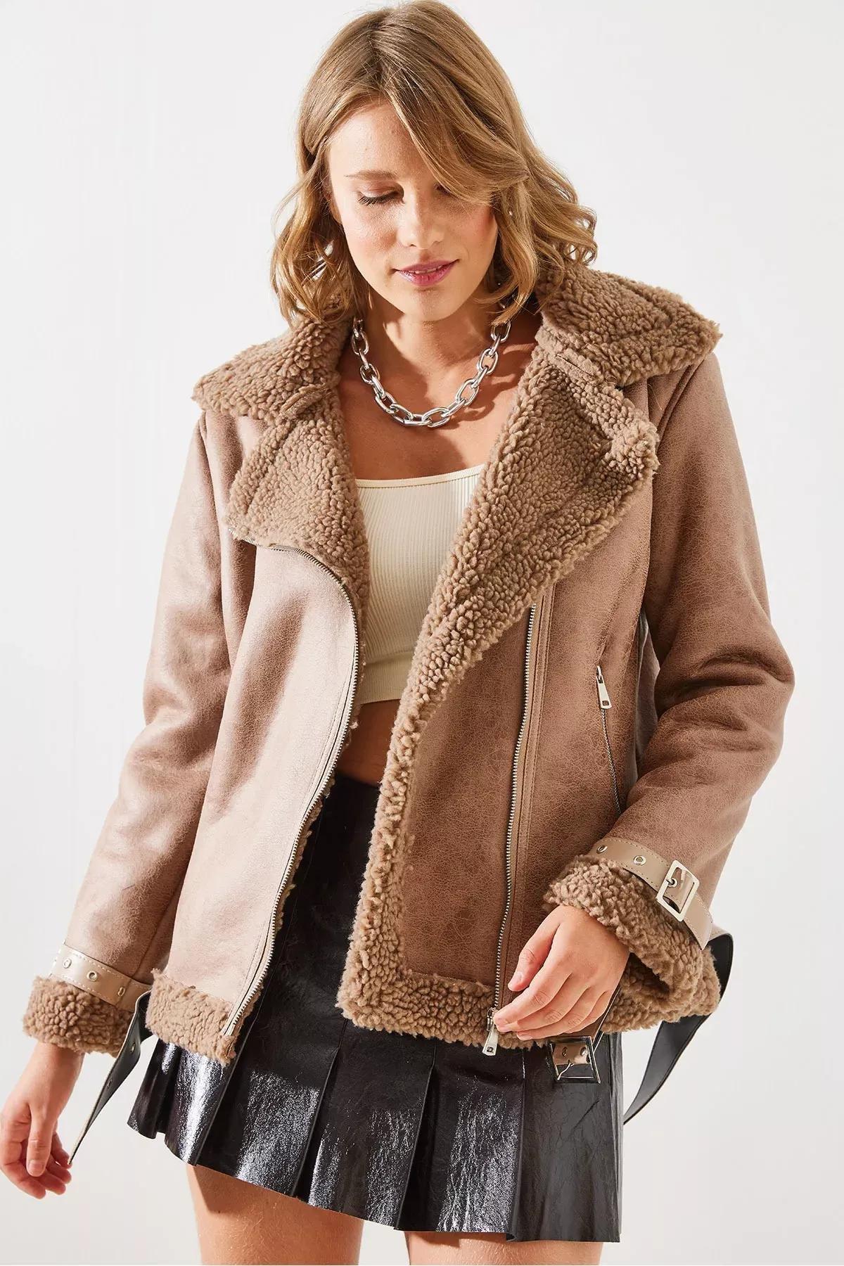 Brown Belt Detail Laminated Coat, CAMEL, large image number 3