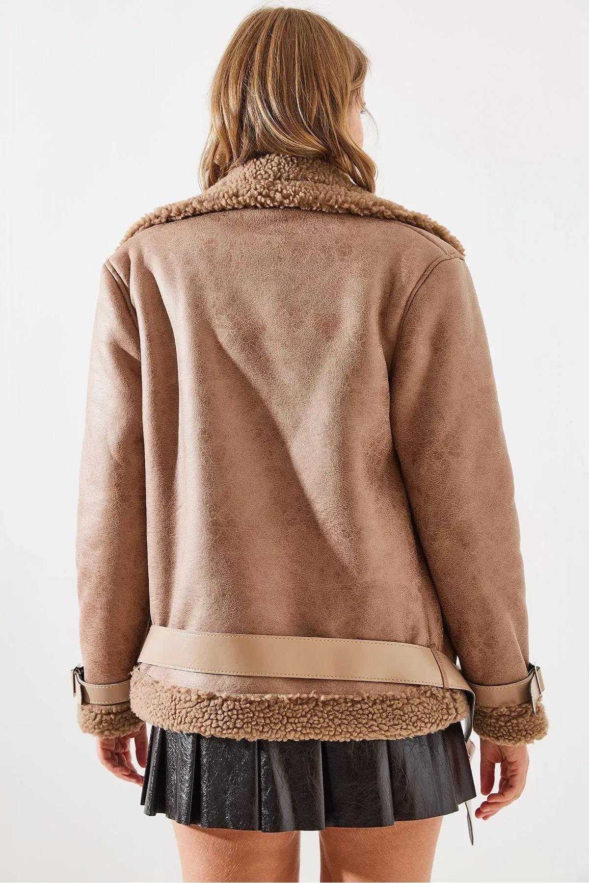 Brown Belt Detail Laminated Coat, CAMEL, large image number 5