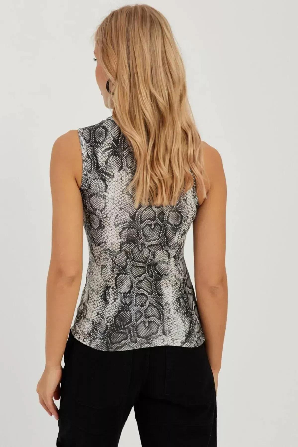 Snake Patterned Animal Print Blouse, Stone-Black, large image number 3