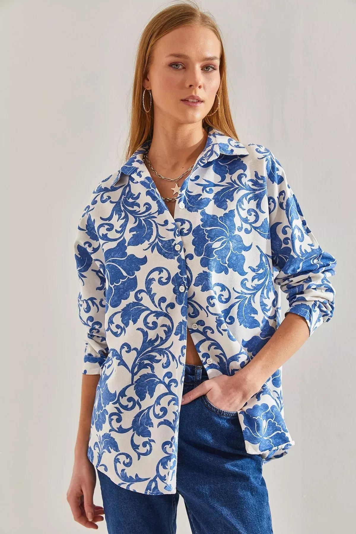 Blue Pattern Loose Linen Shirt, C101_5645, medium