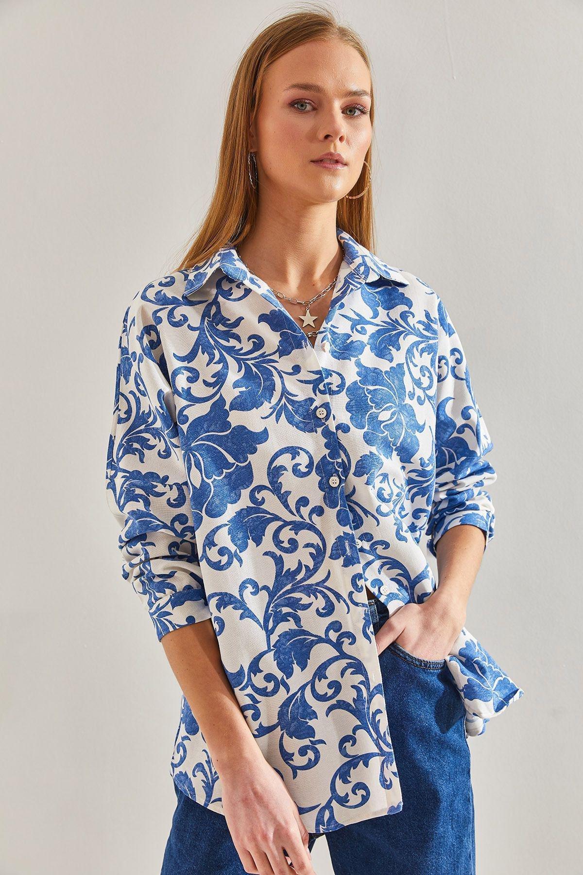 Blue Pattern Loose Linen Shirt, C101_5645, medium