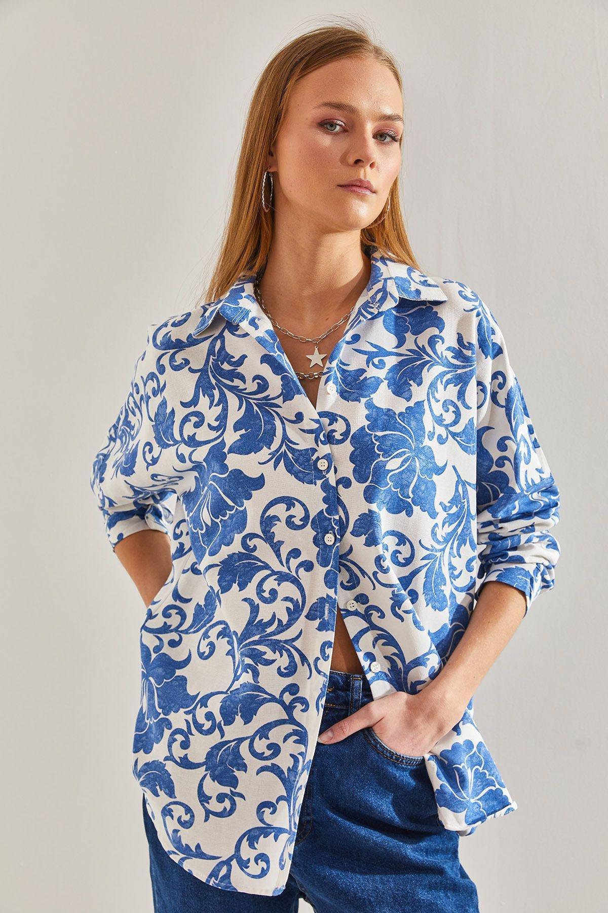Blue Pattern Loose Linen Shirt, C101_5645, medium