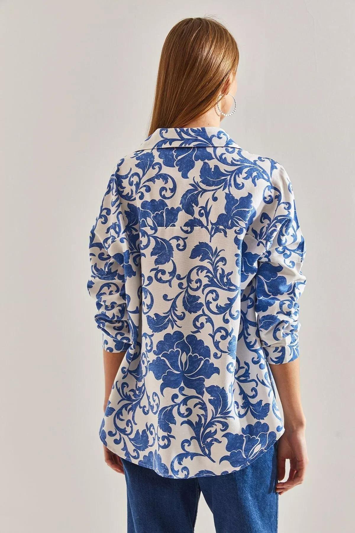 Blue Pattern Loose Linen Shirt, C101_5645, large image number 3