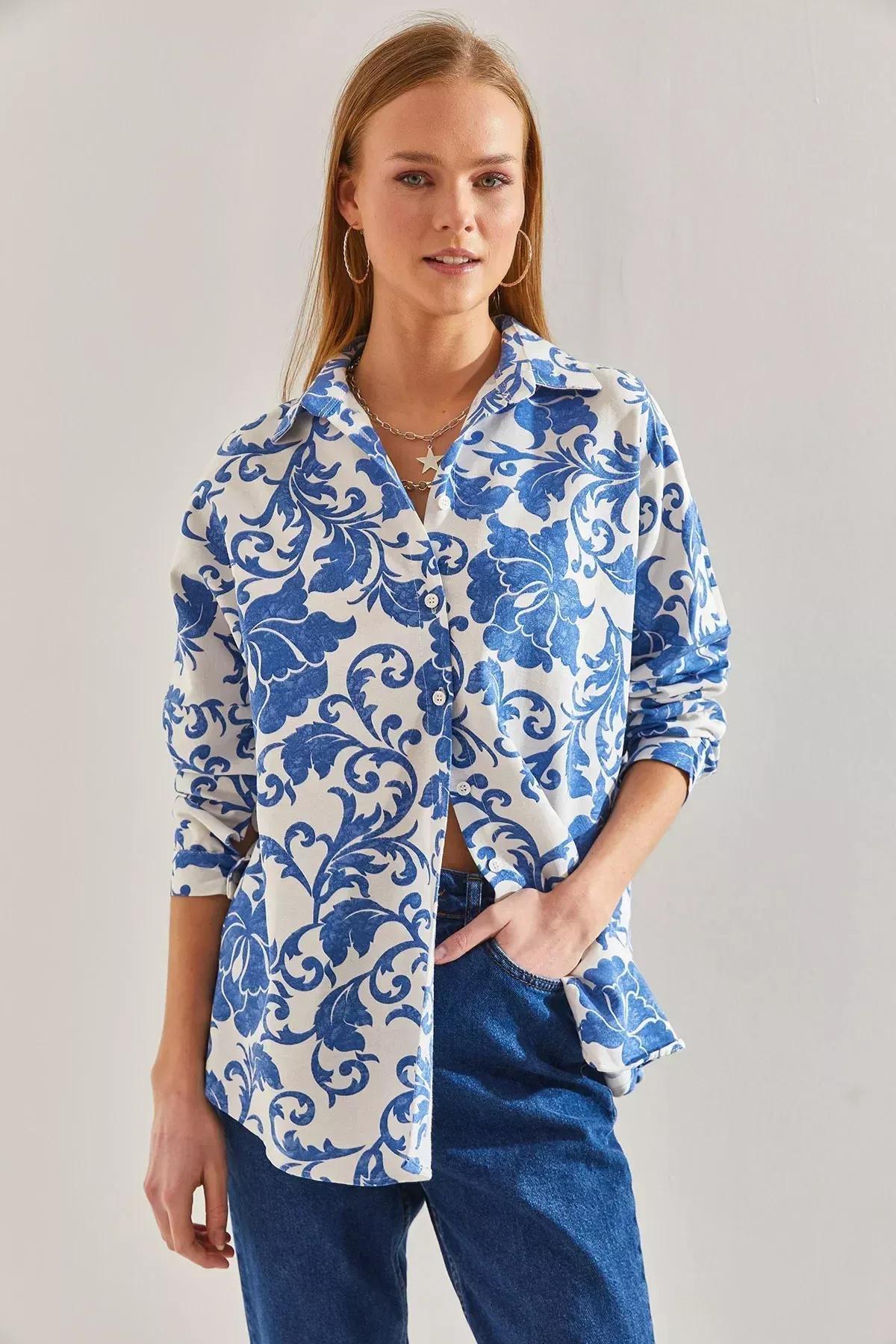 Blue Pattern Loose Linen Shirt, C101_5645, large image number 4