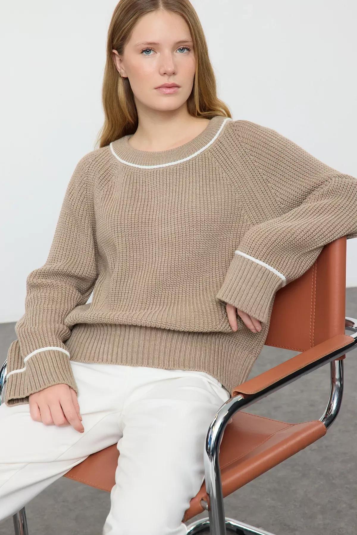 Brown Piping Detailed Knit Sweater, Mink, large image number 0